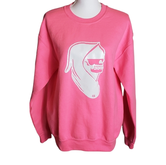 Hot Pink Crewneck Fleece Sweatshirt Size Medium Zaddy Skeleton Graphic Sweater - Picture 1 of 11